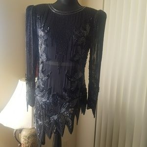 Vintage Oleg Cassini Black Sequin Beaded Dress